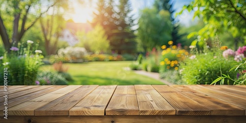 Empty wooden table with a blurred summer backyard garden background , outdoor, furniture, table, backyard, garden, summer, season