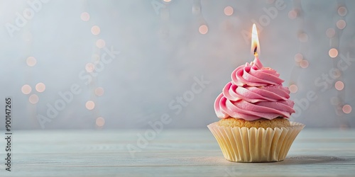 Festive cupcake with pink frosting and single candle, perfect for celebrations and special occasions, cupcake, festive, treat