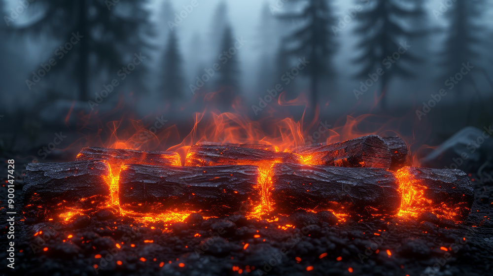 Smoldering logs in misty forest, atmospheric scene Smoldering logs in misty forest, atmospheric scene