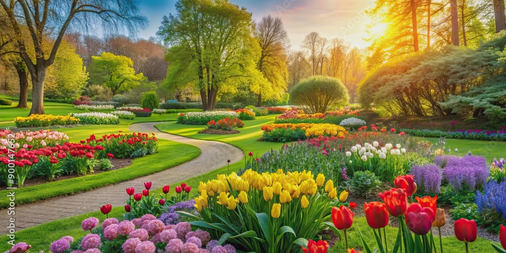 Lush greenery and colorful flowers blooming in a beautiful spring park setting, spring, park, nature, outdoors, flowers Lush greenery and colorful flowers blooming in a beautiful spring park setting, spring, park, nature, outdoors, flowers