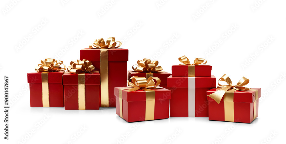 Fototapeta premium Christmas gifts in row, red and golden, isolated