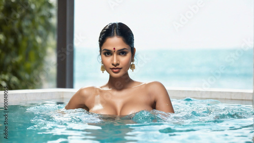 Attractive and glamorous Indian woman enjoying in the water