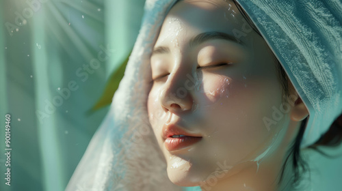 Experience spa luxury with an Asian woman towel drying gracefully, showcasing skincare and beauty. AI generative precision captures her ethereal glow. photo