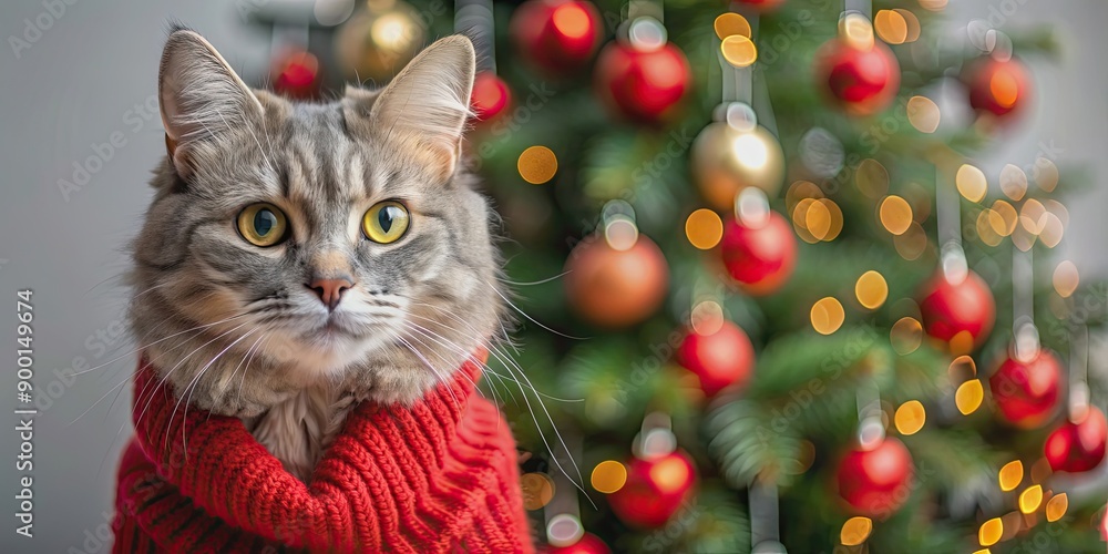Serious gray domestic cat in red sweater standing against Christmas tree, Christmas, winter holidays, pet, feline, domestic cat, gray Serious gray domestic cat in red sweater standing against Christmas tree, Christmas, winter holidays, pet, feline, domestic cat, gray