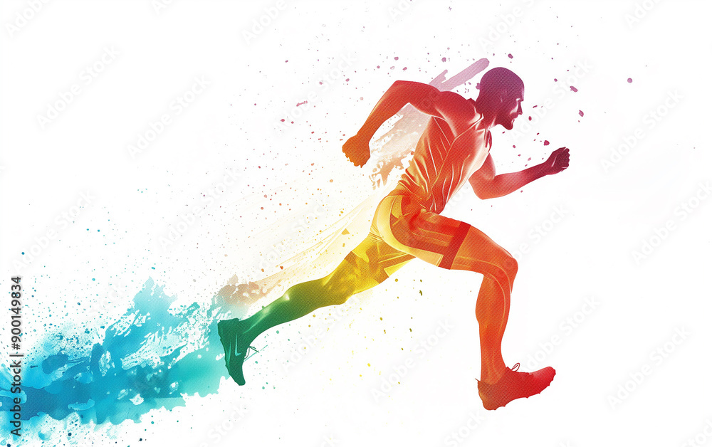 Vibrant Runner Poised at the Start Line: A Colorful Silhouette against a White Background, Ideal for Dynamic Sports Designs and Motivational Graphics. Vibrant Runner Poised at the Start Line: A Colorful Silhouette against a White Background, Ideal for Dynamic Sports Designs and Motivational Graphics.
