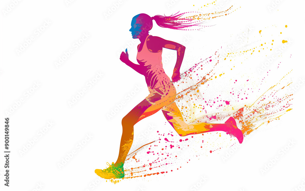 Vibrant Runner Poised at the Start Line: A Colorful Silhouette against a White Background, Ideal for Dynamic Sports Designs and Motivational Graphics. Vibrant Runner Poised at the Start Line: A Colorful Silhouette against a White Background, Ideal for Dynamic Sports Designs and Motivational Graphics.