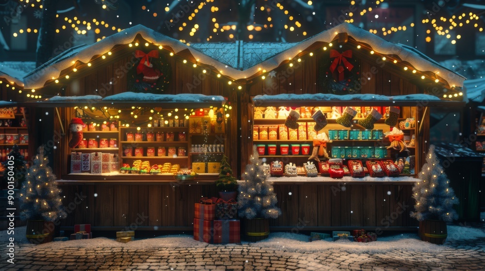 Fototapeta premium 3D Christmas market stalls with twinkling fairy lights and festive goods