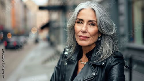 Stylish mature woman with gray hair smiles on city street. AI generative.