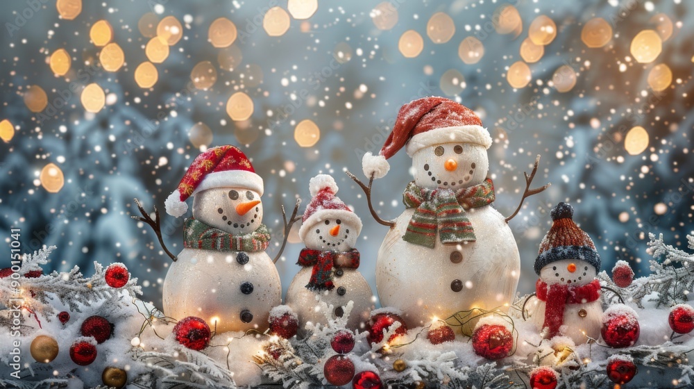 Obraz premium Snowman family in a snowy garden with holiday decorations
