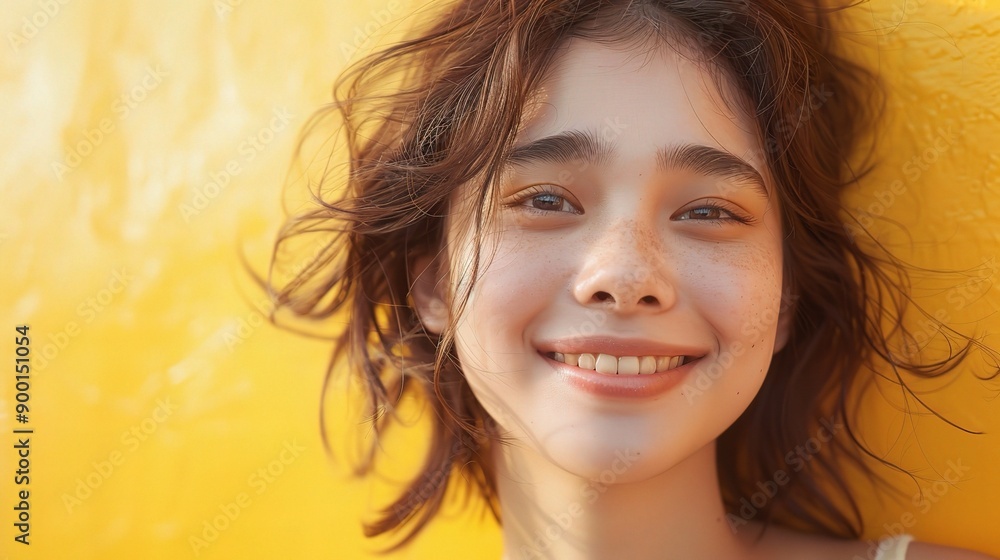 Radiant Smile: A close-up portrait of a young woman with a radiant smile, her brown hair tousled by the wind, against a vibrant yellow background. Radiant Smile: A close-up portrait of a young woman with a radiant smile, her brown hair tousled by the wind, against a vibrant yellow background.