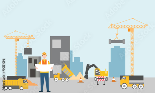 Engineer working on Construction site with heavy machines. bulldozer, truck, crane, make buildings and developing city.