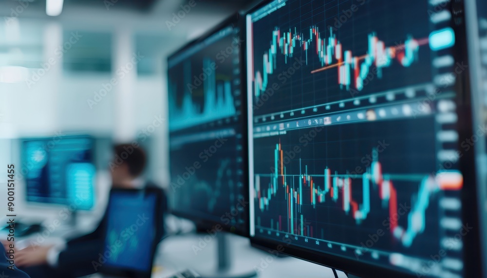 Close-up of financial charts on monitors in a modern office, illustrating market trends and data analysis. Close-up of financial charts on monitors in a modern office, illustrating market trends and data analysis.