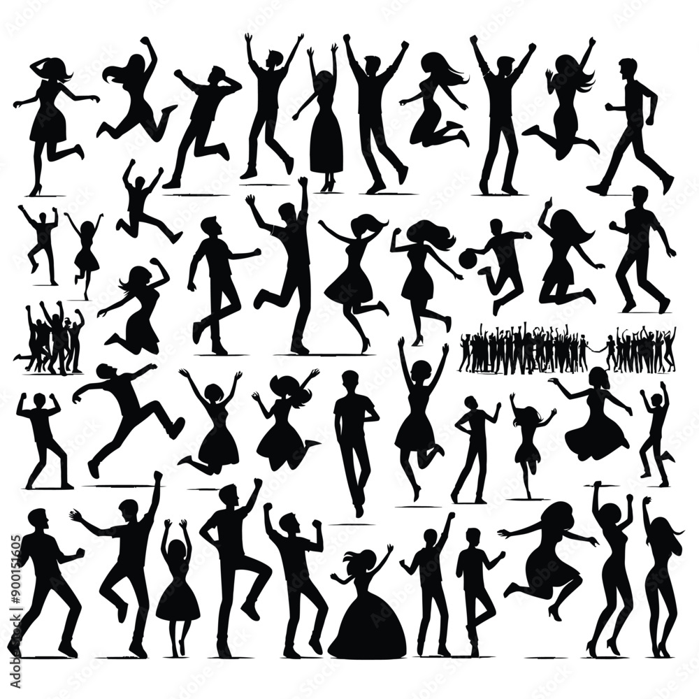 Black silhouettes of joyful people in a lively celebration in various poses Black silhouettes of joyful people in a lively celebration in various poses