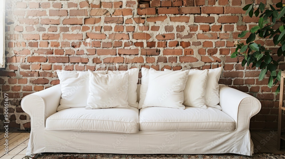 Naklejka premium White sofa with cushions near brick wall