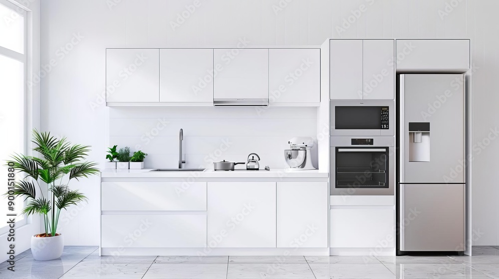 Modern kitchen, sleek appliances background, 3D illustration Modern kitchen, sleek appliances background, 3D illustration