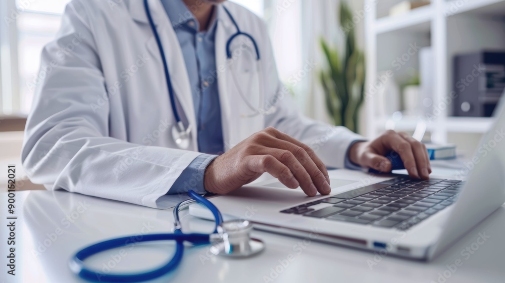Doctor's Hands Typing on Laptop with Stethoscope in Foreground Doctor's Hands Typing on Laptop with Stethoscope in Foreground