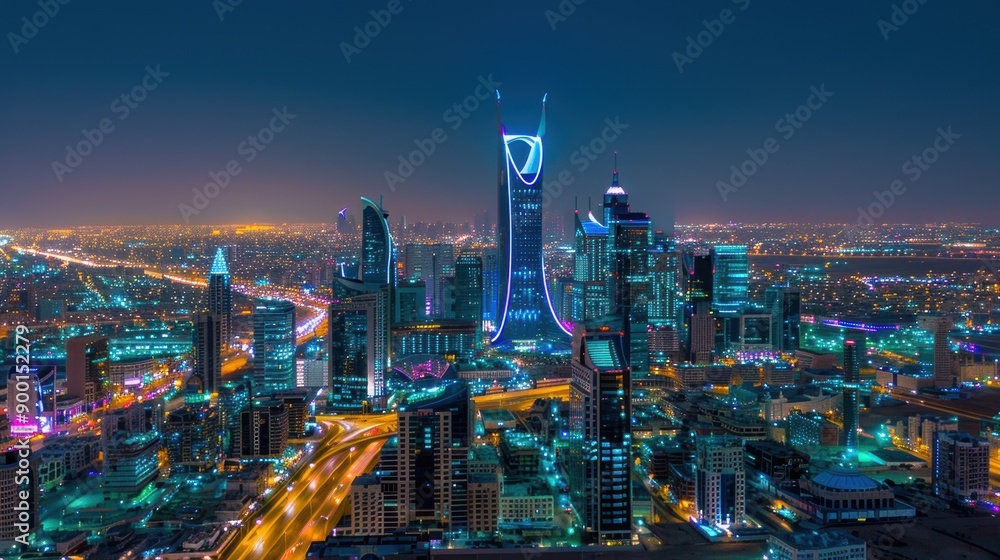 Illuminated Skyscrapers and Cityscape at Night Illuminated Skyscrapers and Cityscape at Night