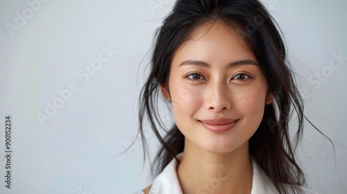 Radiant Beauty: A close-up portrait of a young Asian woman with a radiant smile, her natural beauty shining through. 