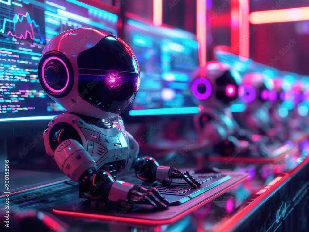 Obraz premium The AI chatbots engaged in conversation on computer monitors, vibrant neon backdrop Futuristic design with holographic elements, showcasing generative AI functionality