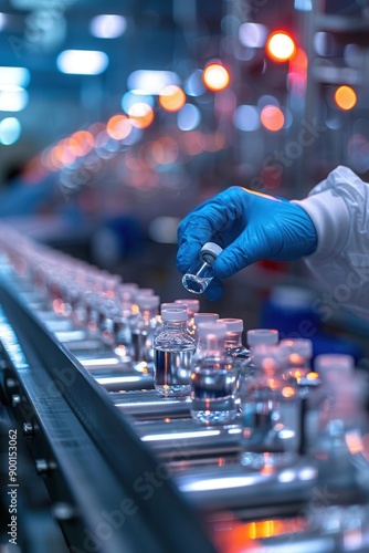 Pharmacist scientist with sanitary gloves examining medical vials on conveyor belt, bright sterile factory lighting, side view, high focus on vials © Karn AS Images