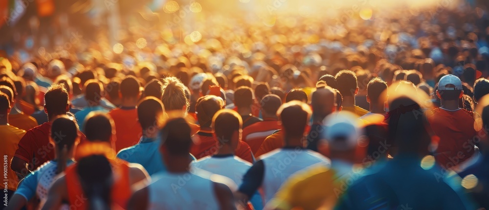 Obraz premium A sea of people running toward the sunset