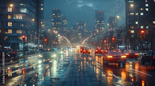 Rainy Night Cityscape with Traffic Lights and Cars - 3D Illustration © Vikarest