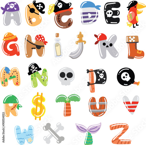 Pirate Alphabet decorate fun English Alphabet character
font alphabet vector set for school colorful letters set	