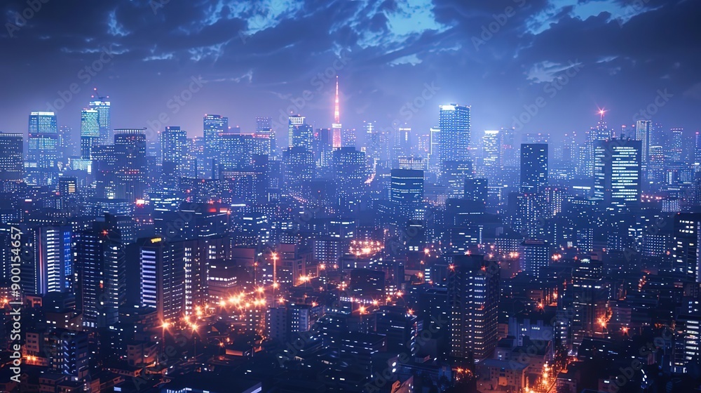 Fototapeta premium Night Cityscape with Skyscrapers and Lights - 3D Render