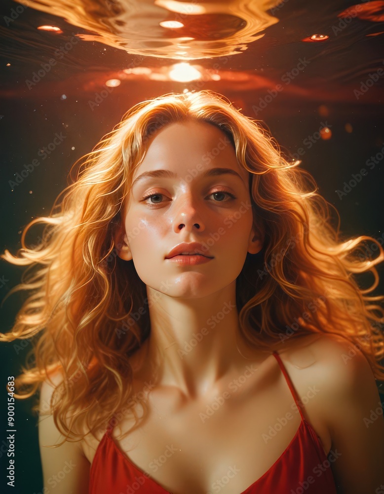 Underwater view of cheerful young female in swimwear smiling and looking at camera Underwater view of cheerful young female in swimwear smiling and looking at camera