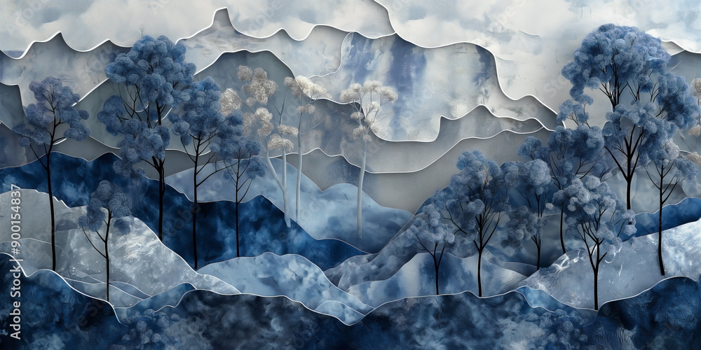 Naklejka premium mural wall art wallpaper featuring a dark blue and silver forest theme. 