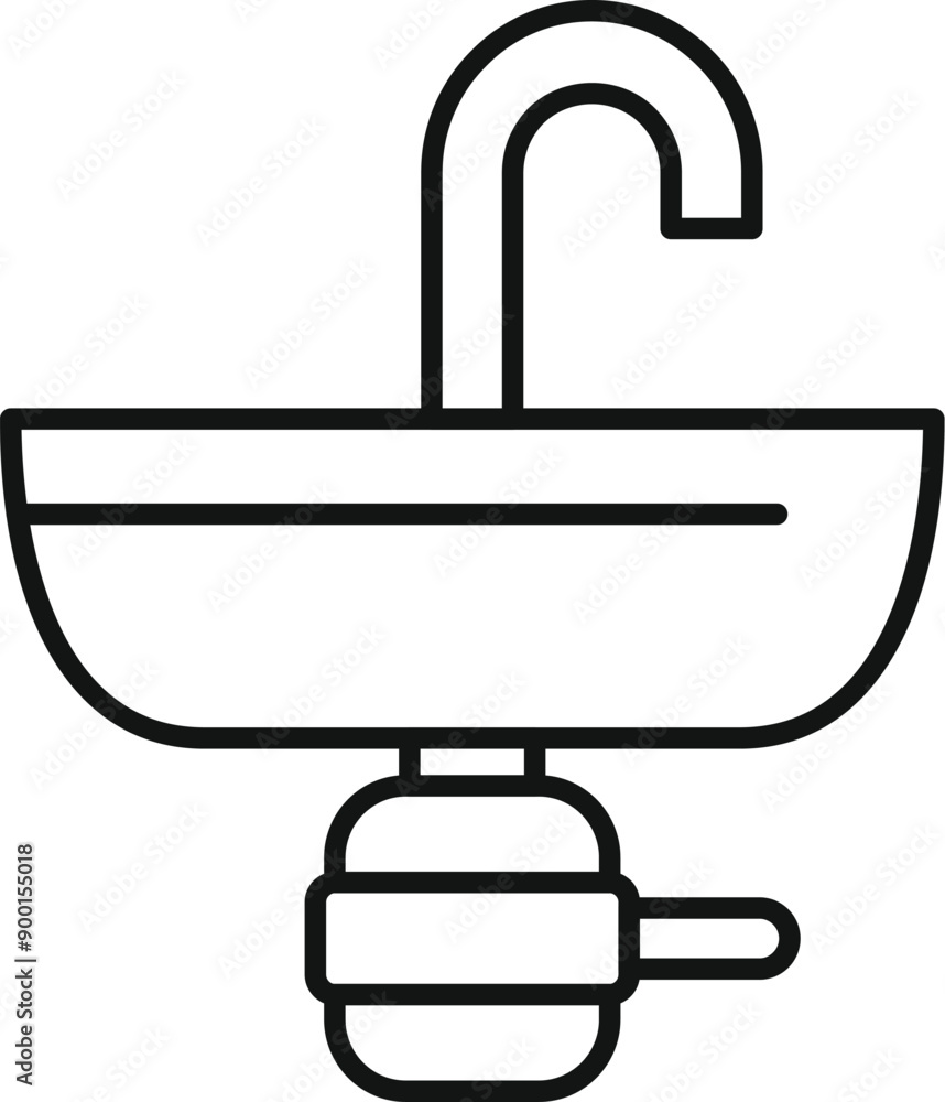 Line art icon of a bathroom sink featuring a water tap and a drain pipe, representing bathroom fixtures and plumbing systems Line art icon of a bathroom sink featuring a water tap and a drain pipe, representing bathroom fixtures and plumbing systems