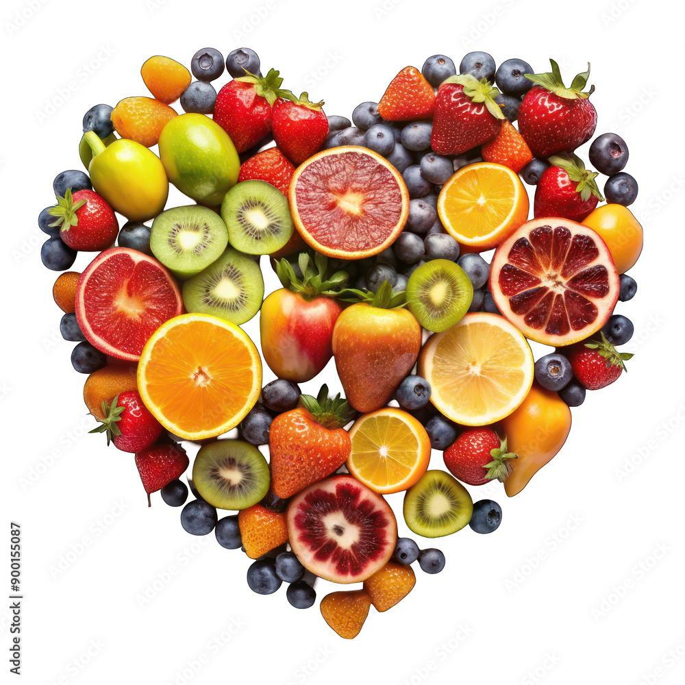 Fruits in heart shape top view isolated on transparent background Fruits in heart shape top view isolated on transparent background