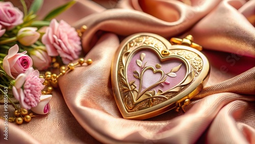 A delicate, ornate, shimmering golden heart-shaped locket lies open, revealing a soft pink interior, surrounded by elegant velvet fabric and subtle natural flowers. photo