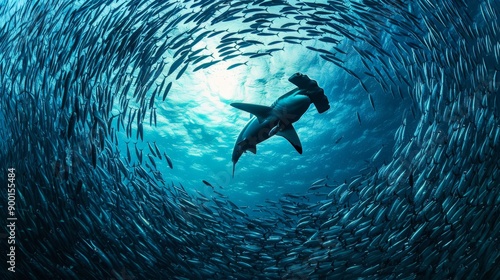 A hammerhead shark swimming through a school of fish