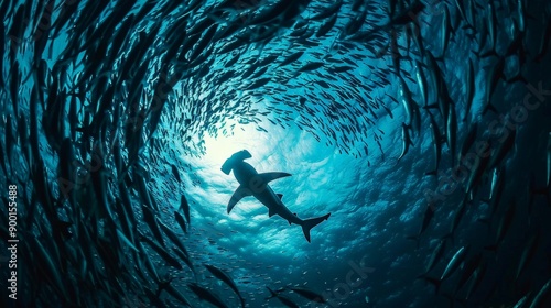 A hammerhead shark swimming through a school of fish