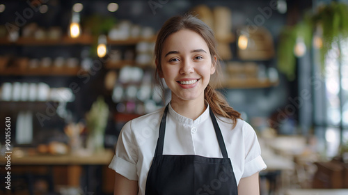 Smiling Young Barista in Modern Coffee Shop with Warm Lighting and Plants