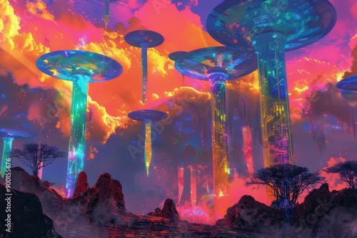 Vivid alien landscape with floating islands and vibrant sky photo