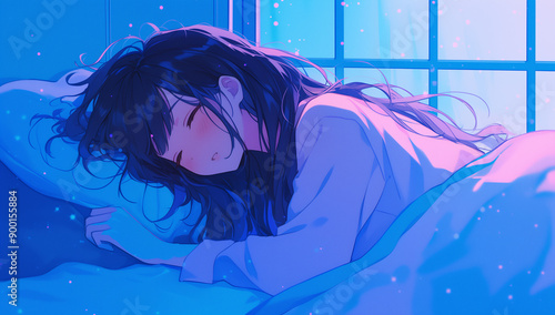 A cute girl sleeping in bed, with her eyes closed and the pillow covering half of her face