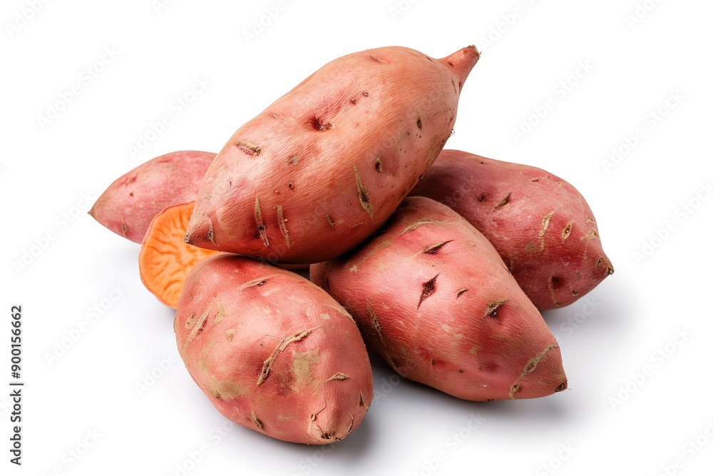 A pile of fresh, raw sweet potatoes on a white background, showcasing their vibrant orange flesh and rustic skin. A pile of fresh, raw sweet potatoes on a white background, showcasing their vibrant orange flesh and rustic skin.
