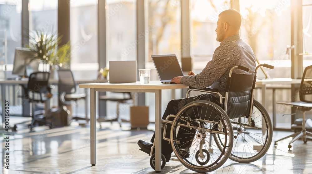 Man in wheelchair working on laptop in sunny office. Accessibility and inclusive work culture. Man in wheelchair working on laptop in sunny office. Accessibility and inclusive work culture.