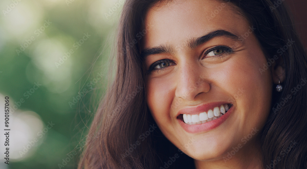 Smile, woman and portrait in nature for wellness, positive mindset and healthy on mockup space. Female person, happy and face in natural environment for summertime, peace and relaxing in Portugal Smile, woman and portrait in nature for wellness, positive mindset and healthy on mockup space. Female person, happy and face in natural environment for summertime, peace and relaxing in Portugal