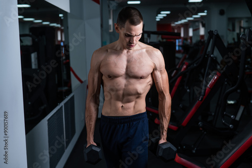 Shirtless man doing bicep exercises with dumbbells in the gym. 