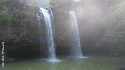 Big Tall Waterfall With Two Double Powerful Streams, Jungle Tropical Scene Video photo