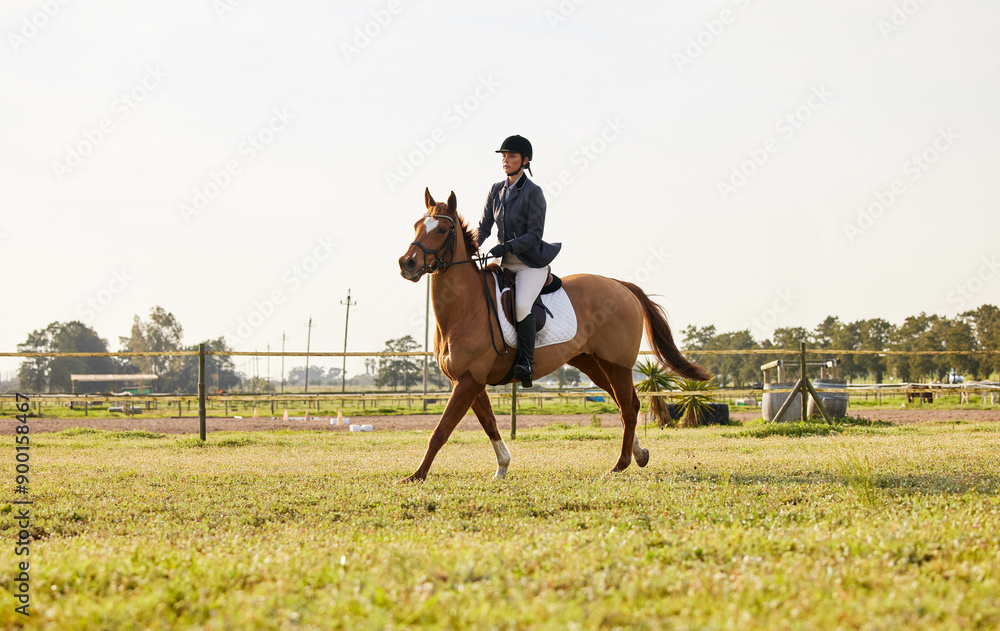 Field, race and person with horse at equestrian event, show or competition in countryside farm. Sport, nature and jockey with animal for fitness and endurance training for contest at ranch in England Field, race and person with horse at equestrian event, show or competition in countryside farm. Sport, nature and jockey with animal for fitness and endurance training for contest at ranch in England