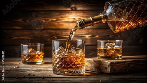 Golden whiskey flows slowly from a decanter into a waiting glass on a rustic wooden table, surrounded by dim lighting and rich, velvety textures. photo