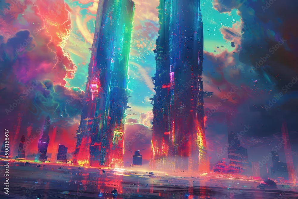 Fototapeta premium Futuristic Cityscape with Vibrant Skyline and Reflective Water