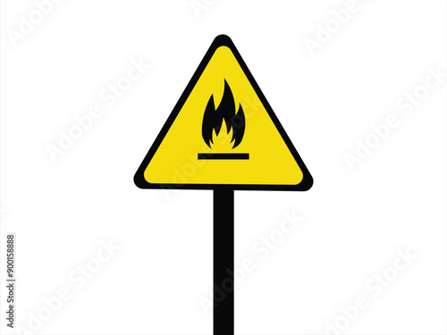 Fire warning sign in yellow triangle, isolated. Flammable, inflammable substances icon.