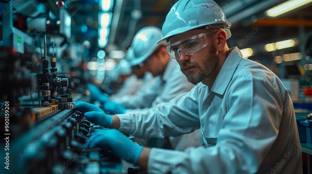 A team of engineers collaborating on the assembly line of a modern weapon, ensuring precision and safety. A team of engineers collaborating on the assembly line of a modern weapon, ensuring precision and safety.