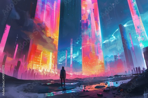 Cyberpunk city with bright neon lights and a lonely figure standing in the middle photo