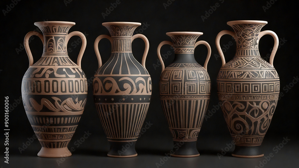 Antique vases, ancient mythology theme, isolated on dark background. Antique vases, ancient mythology theme, isolated on dark background.